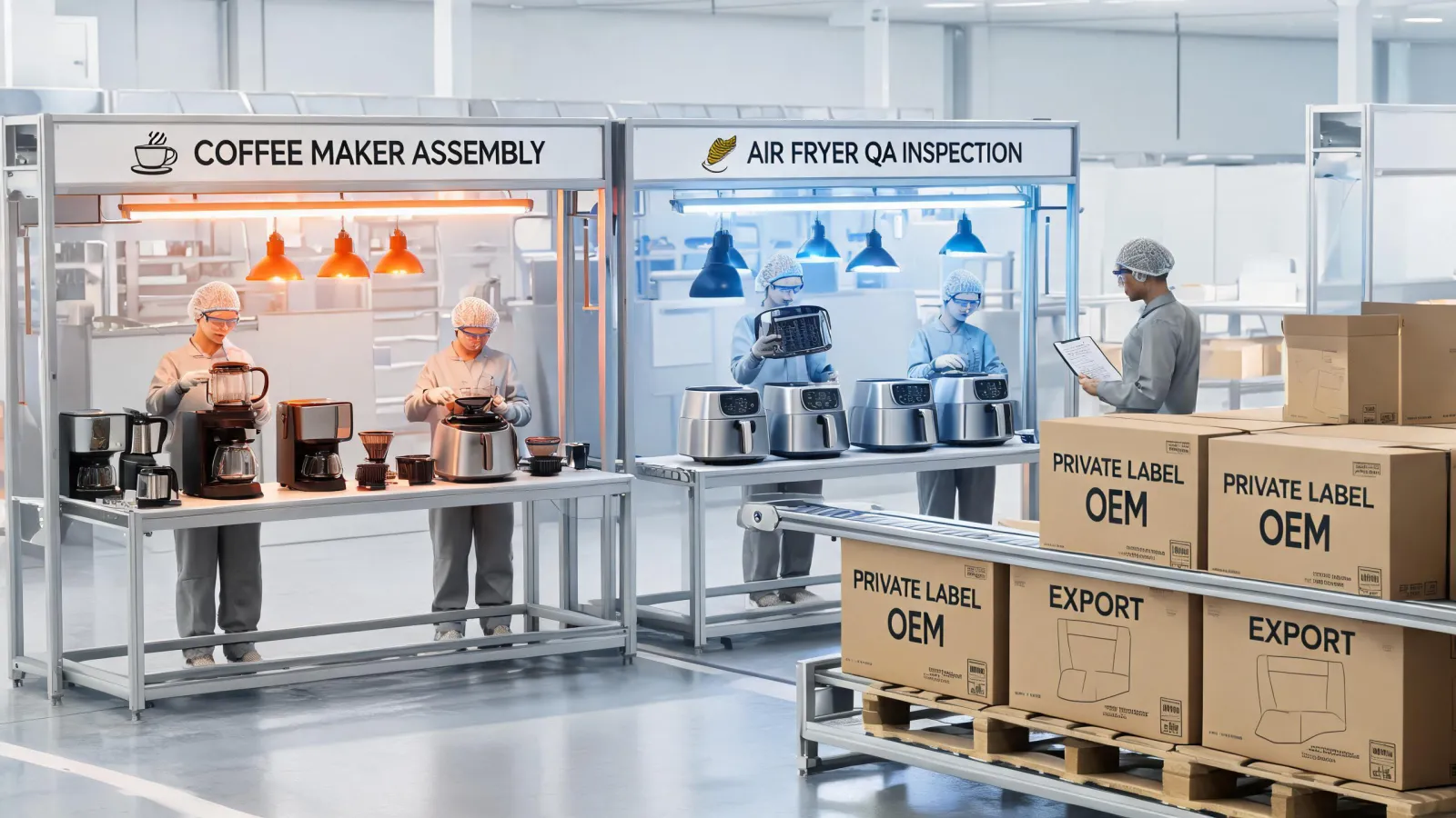 Kitchen appliance assembly line and packaging workbench